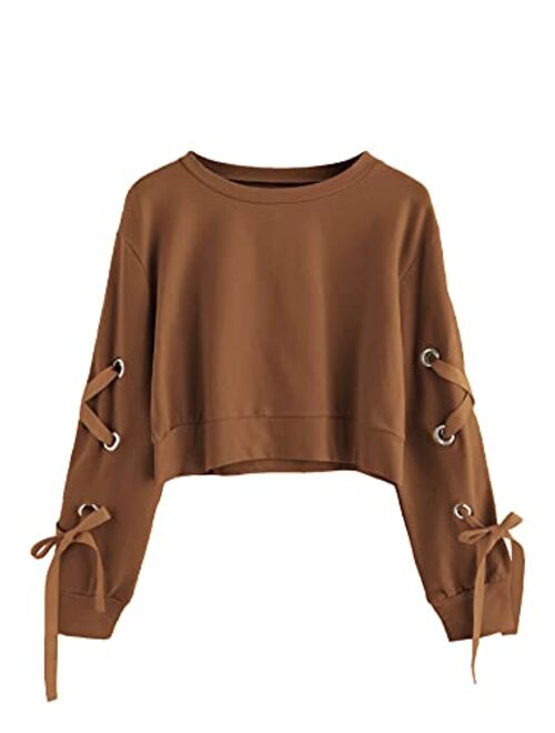 SweatyRocks Women's Casual Lace Up Long Sleeve Pullover Crop Top Sweatshirt