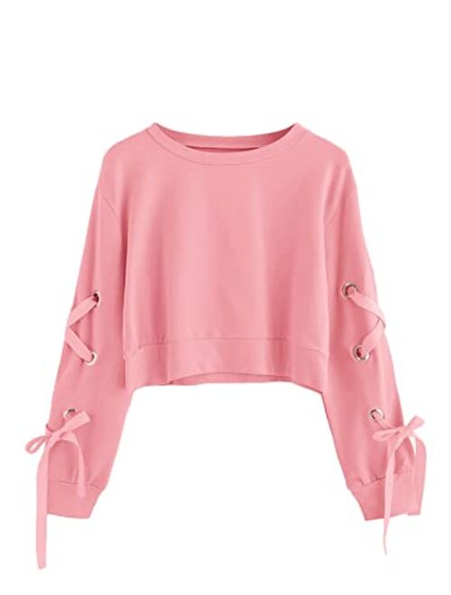 SweatyRocks Women's Casual Lace Up Long Sleeve Pullover Crop Top Sweatshirt