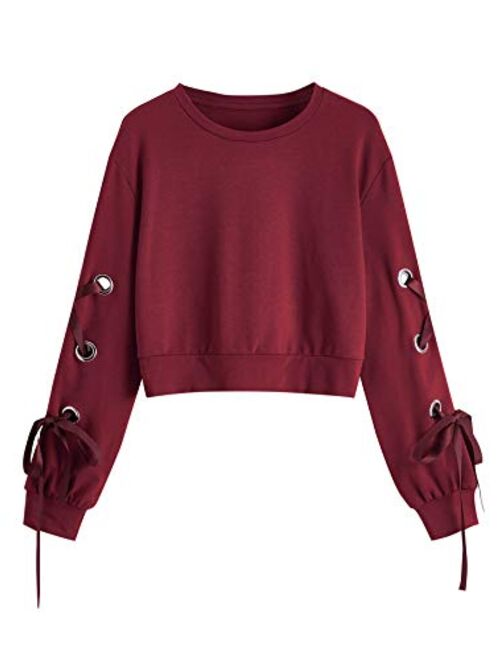 SweatyRocks Women's Casual Lace Up Long Sleeve Pullover Crop Top Sweatshirt