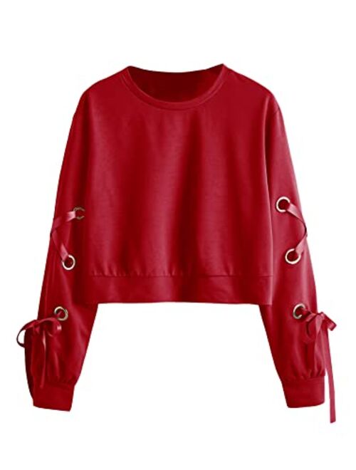 SweatyRocks Women's Casual Lace Up Long Sleeve Pullover Crop Top Sweatshirt