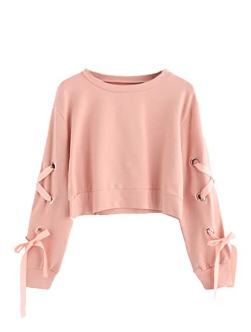 SweatyRocks Women's Casual Lace Up Long Sleeve Pullover Crop Top Sweatshirt