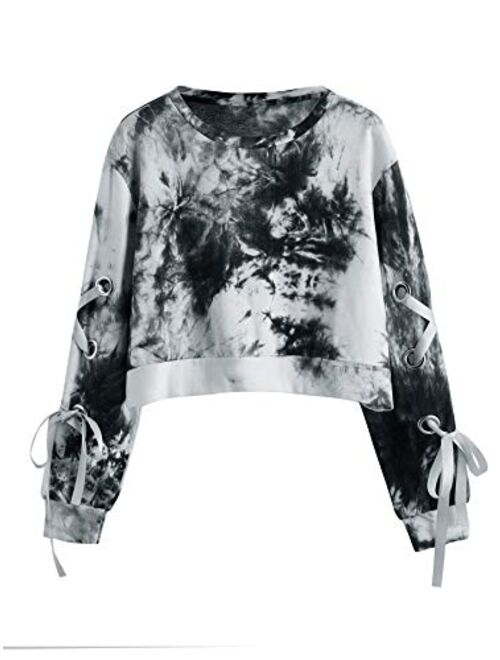 SweatyRocks Women's Casual Lace Up Long Sleeve Pullover Crop Top Sweatshirt