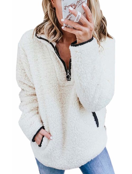 Angashion Fleece 1/4 Zip Up Fuzzy Sherpa Pullover Sweatshirt Fluffy Outerwear Coat for Women with Pockets