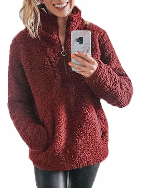 Angashion Fleece 1/4 Zip Up Fuzzy Sherpa Pullover Sweatshirt Fluffy Outerwear Coat for Women with Pockets