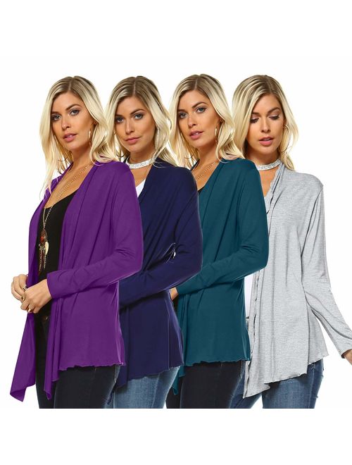 Isaac Liev 4-Pack Women's Open Front Lightweight Casual Flyaway Cardigan - Made in The USA