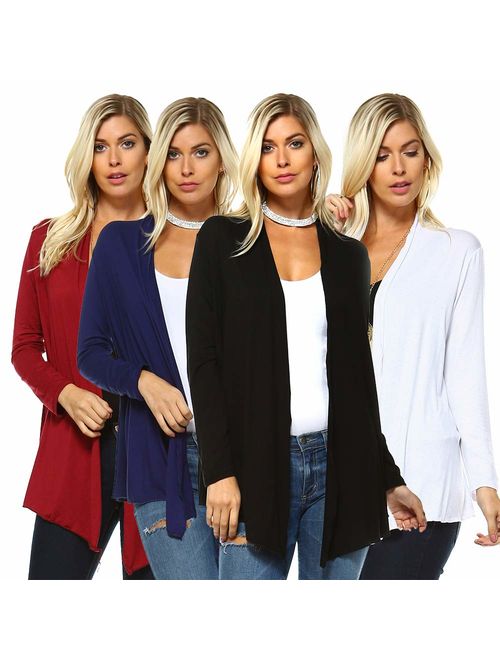 Isaac Liev 4-Pack Women's Open Front Lightweight Casual Flyaway Cardigan - Made in The USA