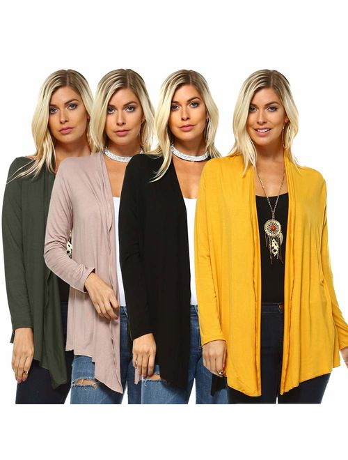 Isaac Liev 4-Pack Women's Open Front Lightweight Casual Flyaway Cardigan - Made in The USA