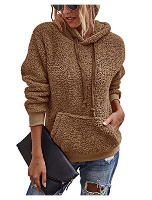 KIRUNDO 2020 Winter Women's Fleece Hoodies Sweatshirts Long Sleeves Shaggy Pullovers with Pockets Short Tops