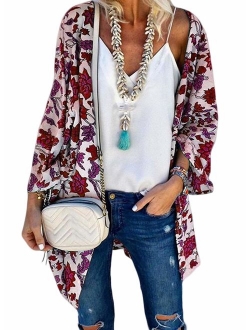 Sidefeel Women Print Kimono Cardigan V Neck Loose Beach Cover Up