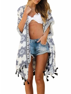 Sidefeel Women Print Kimono Cardigan V Neck Loose Beach Cover Up