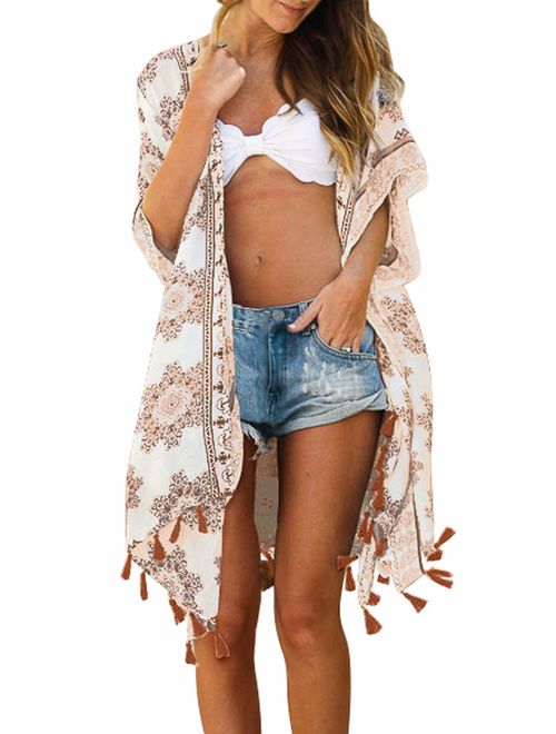 Sidefeel Women Print Kimono Cardigan V Neck Loose Beach Cover Up