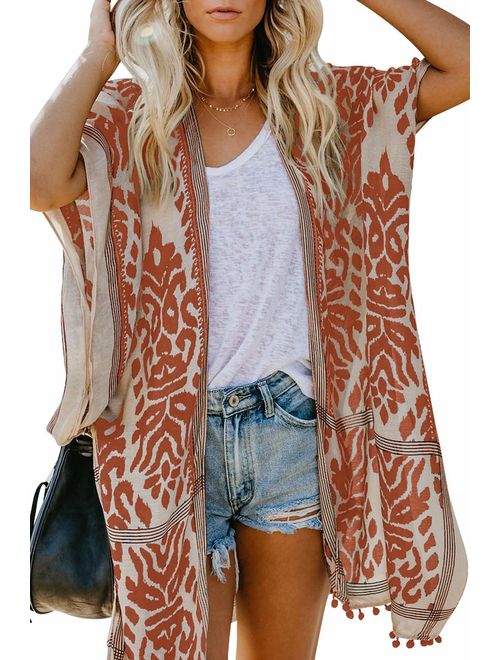 Sidefeel Women Print Kimono Cardigan V Neck Loose Beach Cover Up