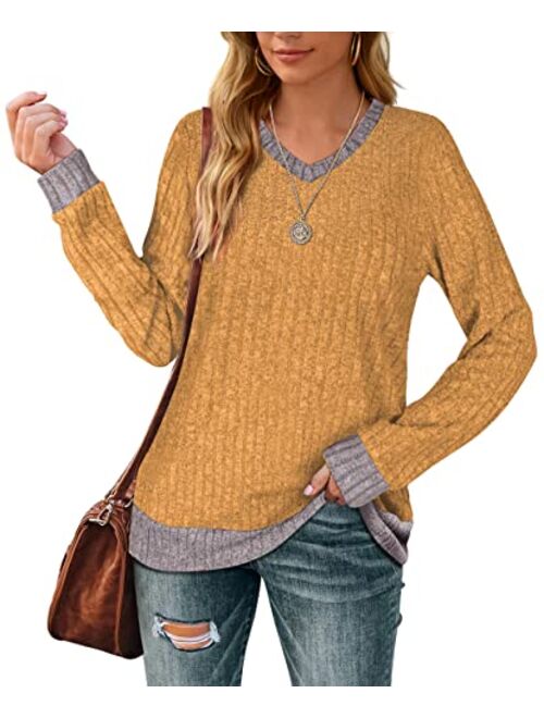 Aokosor Sweaters for Women Lightweight V Neck Long Sleeve Tunics Soft Fall Clothes Trending Now 2023