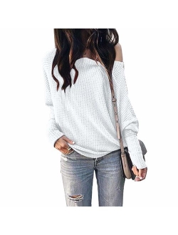 Okvpajdo Women's Off Shoulder Waffle Knit Long Sleeve Loose Pullover Tunic Tops Shirts Sweatshirt