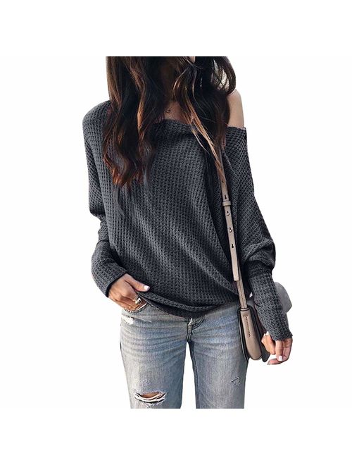 Okvpajdo Women's Off Shoulder Waffle Knit Long Sleeve Loose Pullover Tunic Tops Shirts Sweatshirt