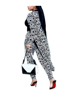 Womens 2 Piece Print Outfits Clubwear Long Sleeve Open Cardigan Pants Set