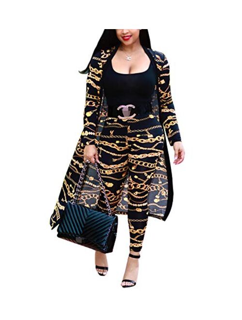 Womens 2 Piece Print Outfits Clubwear Long Sleeve Open Cardigan Pants Set