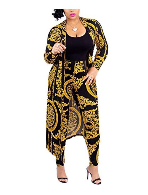 Womens 2 Piece Print Outfits Clubwear Long Sleeve Open Cardigan Pants Set