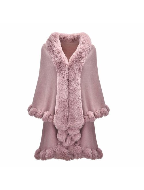 ZLYC Women Fine Knit Open Front Faux Fur Trim Layers Poncho Cape Cardigan Sweater