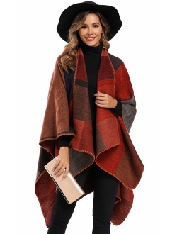 Epsion Women's Color Block Shawl Wrap Plus Size Cardigan Poncho Cape Open Front Long Winter Sweater Coat