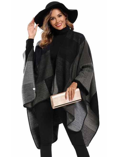 Epsion Women's Color Block Shawl Wrap Plus Size Cardigan Poncho Cape Open Front Long Winter Sweater Coat