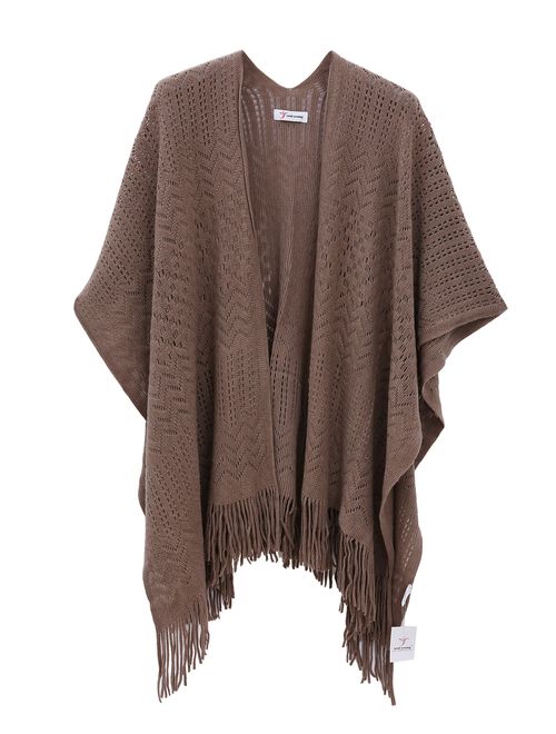 Knit Shawl Wrap for Women - Soul Young Ladies Fringe Knitted Poncho Cardigan Cape