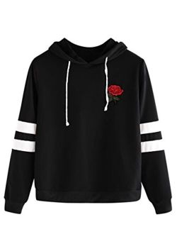 DIDK Embroidered Rose Patch Stripe Sleeve Hoodie Sweatshirt