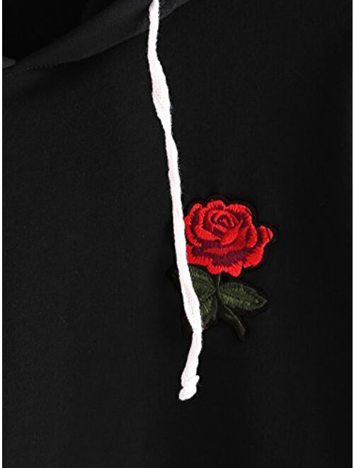 DIDK Embroidered Rose Patch Stripe Sleeve Hoodie Sweatshirt