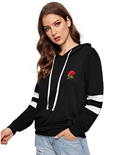 DIDK Embroidered Rose Patch Stripe Sleeve Hoodie Sweatshirt