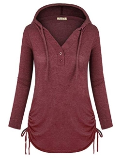 Cyanstyle Women's Long Sleeve Henley V-Neck Button Sweatshirt Tunic Hoodies Casual Pullover with Drawstring