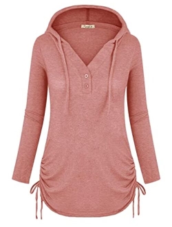 Cyanstyle Women's Long Sleeve Henley V-Neck Button Sweatshirt Tunic Hoodies Casual Pullover with Drawstring