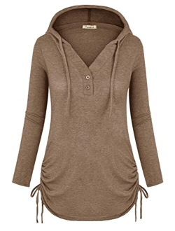 Cyanstyle Women's Long Sleeve Henley V-Neck Button Sweatshirt Tunic Hoodies Casual Pullover with Drawstring