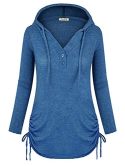 Cyanstyle Women's Long Sleeve Henley V-Neck Button Sweatshirt Tunic Hoodies Casual Pullover with Drawstring