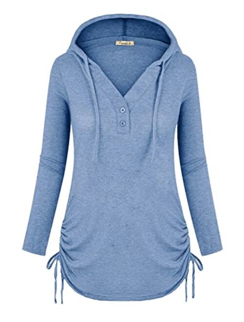 Cyanstyle Women's Long Sleeve Henley V-Neck Button Sweatshirt Tunic Hoodies Casual Pullover with Drawstring