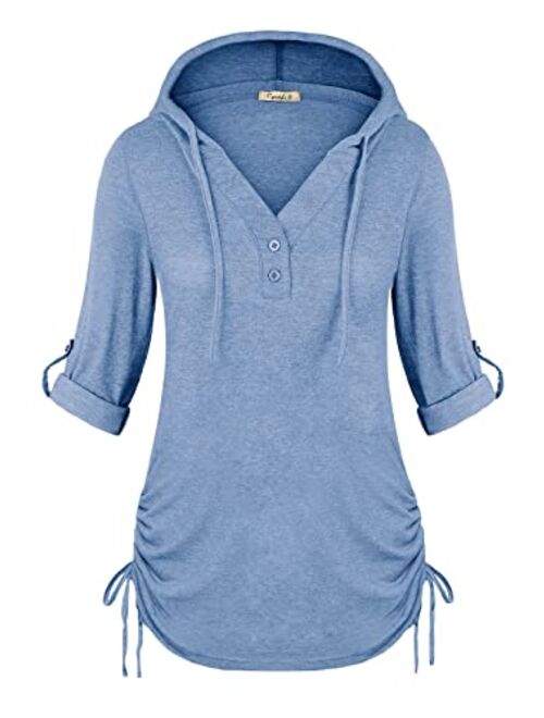 Cyanstyle Women's Long Sleeve Henley V-Neck Button Sweatshirt Tunic Hoodies Casual Pullover with Drawstring