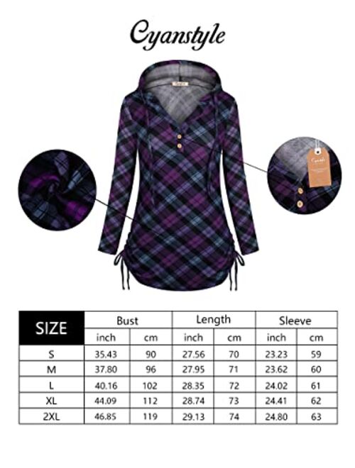 Cyanstyle Women's Long Sleeve Henley V-Neck Button Sweatshirt Tunic Hoodies Casual Pullover with Drawstring