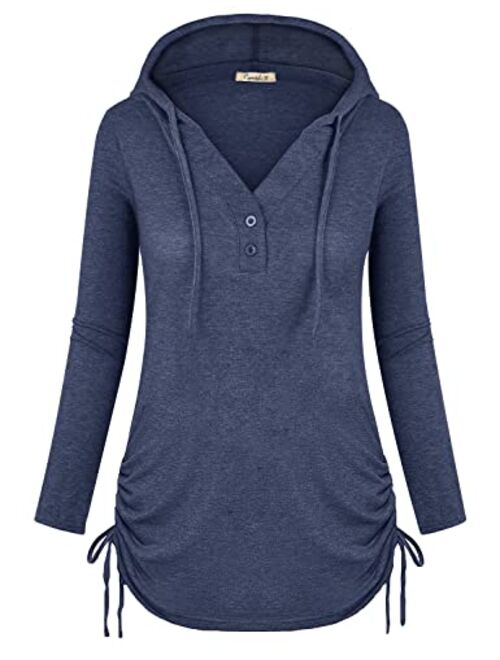 Cyanstyle Women's Long Sleeve Henley V-Neck Button Sweatshirt Tunic Hoodies Casual Pullover with Drawstring