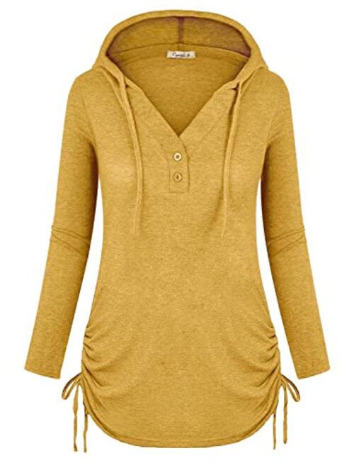 Cyanstyle Women's Long Sleeve Henley V-Neck Button Sweatshirt Tunic Hoodies Casual Pullover with Drawstring