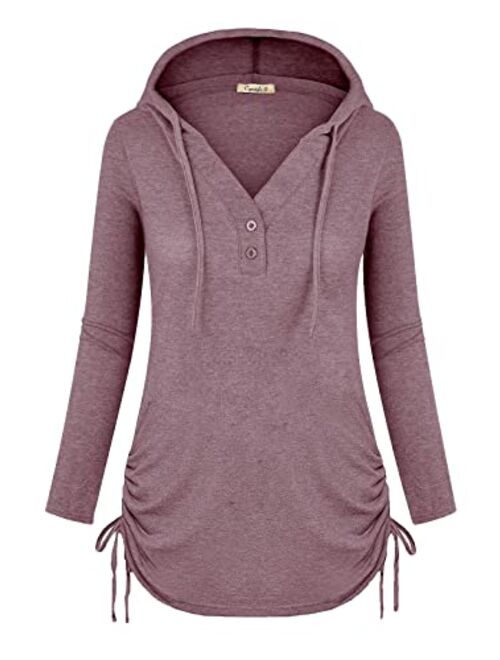 Cyanstyle Women's Long Sleeve Henley V-Neck Button Sweatshirt Tunic Hoodies Casual Pullover with Drawstring