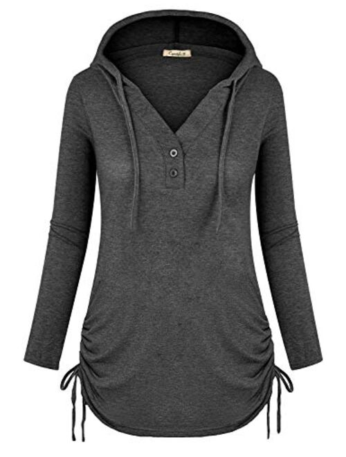 Cyanstyle Women's Long Sleeve Henley V-Neck Button Sweatshirt Tunic Hoodies Casual Pullover with Drawstring