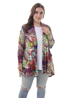 ZERDOCEAN Women's Plus Size Long Sleeve Lightweight Soft Printed Drape Cardigan with Pockets