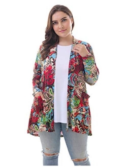 ZERDOCEAN Women's Plus Size Long Sleeve Lightweight Soft Printed Drape Cardigan with Pockets