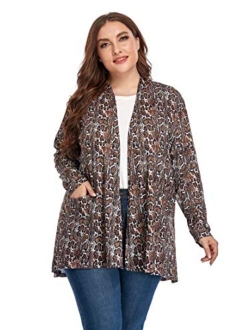 ZERDOCEAN Women's Plus Size Long Sleeve Lightweight Soft Printed Drape Cardigan with Pockets