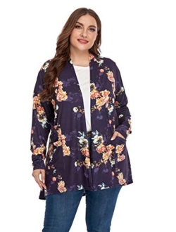 ZERDOCEAN Women's Plus Size Long Sleeve Lightweight Soft Printed Drape Cardigan with Pockets