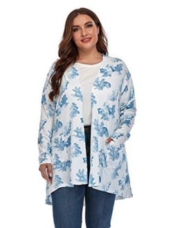 ZERDOCEAN Women's Plus Size Long Sleeve Lightweight Soft Printed Drape Cardigan with Pockets