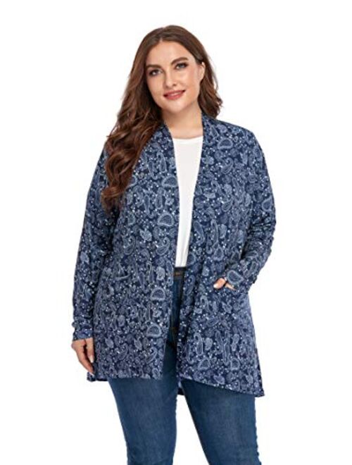 ZERDOCEAN Women's Plus Size Long Sleeve Lightweight Soft Printed Drape Cardigan with Pockets