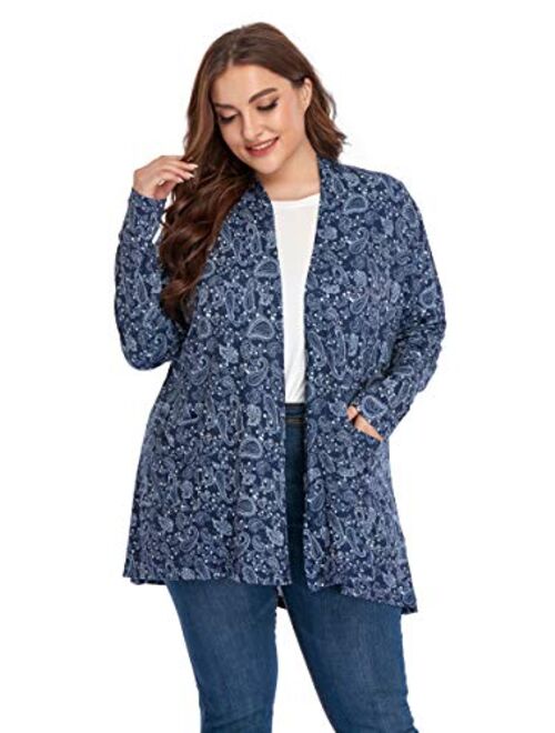 ZERDOCEAN Women's Plus Size Long Sleeve Lightweight Soft Printed Drape Cardigan with Pockets