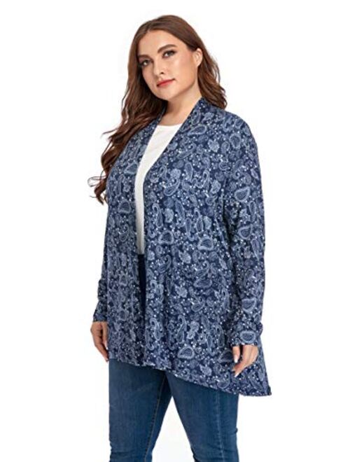 ZERDOCEAN Women's Plus Size Long Sleeve Lightweight Soft Printed Drape Cardigan with Pockets