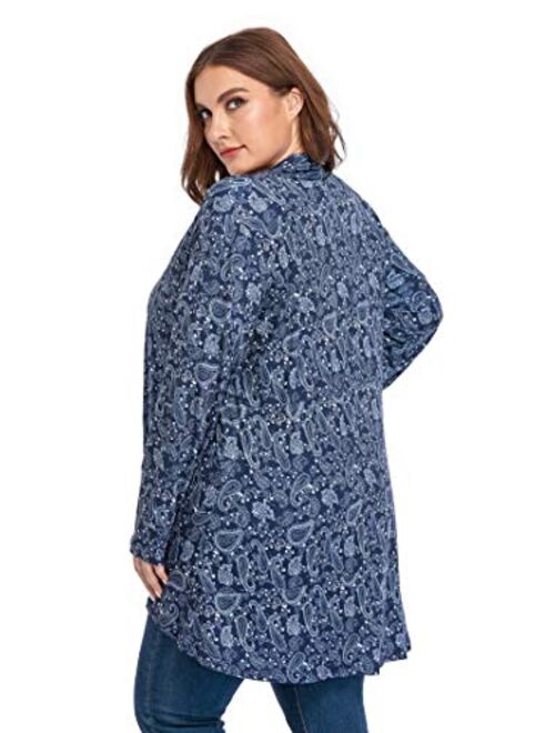 ZERDOCEAN Women's Plus Size Long Sleeve Lightweight Soft Printed Drape Cardigan with Pockets