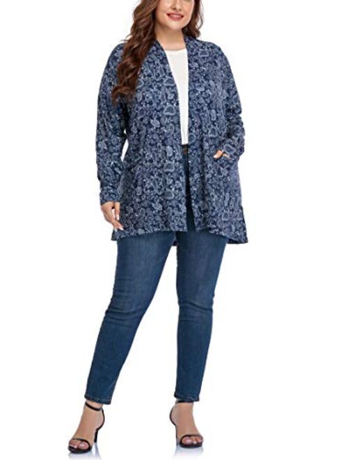 ZERDOCEAN Women's Plus Size Long Sleeve Lightweight Soft Printed Drape Cardigan with Pockets